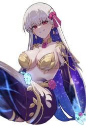 Rule 34 | 1girl, armlet, armor, bikini armor, blue hair, blue skin, blush, bomberca309, breasts, circlet, cleavage, collar, colored inner hair, colored skin, earrings, fate/grand order, fate (series), flower, glowing hands, gradient skin, grin, hair ribbon, highres, jewelry, kama (fate), kama (third ascension) (fate), large breasts, long hair, looking at viewer, lotus, metal collar, multicolored hair, red eyes, ribbon, smile, solo, thighlet, thighs, two-tone hair, white hair