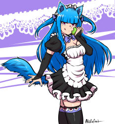 Rule 34 | 1girl, :q, akairiot, alternate costume, alternate hair color, animal ears, apple, bad id, bad tumblr id, black thighhighs, blue hair, blunt bangs, bow, bowtie, breasts, bridal gauntlets, cleavage, dog ears, dog tail, enmaided, fire emblem, fire emblem awakening, food, fruit, fusion, hime cut, holo, licking lips, long hair, looking at viewer, maid, maid headdress, mole, nail polish, nintendo, pink eyes, puffy short sleeves, puffy sleeves, purple nails, red eyes, short sleeves, simple background, smile, solo, spice and wolf, tail, tharja (fire emblem), thighhighs, tongue, tongue out, two side up, wolf ears, wolf tail, zettai ryouiki
