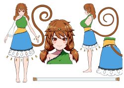Rule 34 | 1girl, barefoot, blue dress, blush stickers, brown hair, circlet, closed mouth, detached sleeves, dress, green dress, highres, long hair, low twintails, monkey tail, multicolored clothes, multicolored dress, multiple views, pepelonthi, red eyes, simple background, single detached sleeve, smile, son biten, tail, test tube, touhou, twintails, unfinished dream of all living ghost, white background, white sleeves, yellow dress
