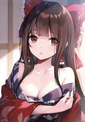 Rule 34 | 1girl, absurdres, blush, bow, breasts, brown eyes, brown hair, cleavage, collarbone, frilled bow, frills, hair bow, hair tubes, hakurei reimu, highres, huge filesize, japanese clothes, ke-ta, kimono, long hair, looking at viewer, medium breasts, off shoulder, open mouth, red bow, sidelocks, solo, touhou, yukata