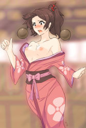 Rule 34 | 1girl, archived source, bare shoulders, blush, bomb, breasts, brown eyes, brown hair, collarbone, curvy, embarrassed, explosive, fuu (samurai champloo), hair ornament, highres, japanese clothes, kimono, looking down, medium hair, nipples, no bra, open clothes, open kimono, open mouth, ponytail, ribbon, running, samurai champloo, small breasts, solo, sweatdrop, tridisart, wardrobe malfunction