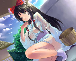 Rule 34 | 1girl, bad id, bad pixiv id, black hair, bow, breasts, brown eyes, brown hair, bucket, day, dutch angle, female focus, hair bow, hair over breasts, hair tubes, hakurei reimu, kobanzame, large breasts, long hair, one eye closed, see-through, solo, squatting, tabi, touhou, water, wet, wet clothes, wink