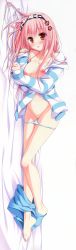 Rule 34 | 1girl, :d, absurdres, barefoot, bed sheet, blush, breasts, clothes pull, collarbone, dakimakura (medium), flower, full body, grey background, hair flower, hair ornament, hairband, hairpin, highres, hood, hoodie, huge filesize, looking at viewer, lying, nipples, no bra, on side, open clothes, open hoodie, open mouth, open shirt, panties, panty pull, pink hair, red eyes, rotated, sesena yau, shiny skin, shirt, shorts, shorts pull, sideways, simple background, smile, solo, timepiece ensemble, toes, uncensored, underwear, white panties, yanagibashi saori