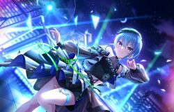 Rule 34 | 1girl, belt, blue eyes, blue hair, building, cityscape, earrings, game cg, hat, hololive, hoshimachi suisei, idol clothes, idolmaster, idolmaster cinderella girls, idolmaster cinderella girls starlight stage, jewelry, official art, skirt, solo, star (sky), thigh strap, virtual youtuber