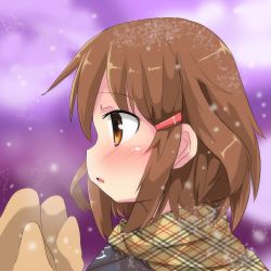 Rule 34 | 10s, 1girl, blush, breath, brown eyes, brown hair, close-up, commentary request, fang, from side, hair ornament, hairclip, highres, ikazuchi (kancolle), kantai collection, mittens, open mouth, oshiruko (uminekotei), outdoors, plaid, plaid scarf, profile, scarf, skin fang, snowing, solo, waiting