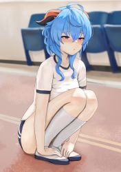 Rule 34 | 1girl, :/, absurdres, ahoge, alternate costume, alternate hair length, alternate hairstyle, bloomers, blue hair, blue shorts, blurry, blurry background, blush, breasts, chair, closed mouth, concentrating, contemporary, depth of field, dolri, full body, ganyu (genshin impact), genshin impact, goat horns, gym uniform, hair between eyes, half-closed eyes, hands on feet, highres, horns, indoors, knees to chest, legs together, medium breasts, purple eyes, shirt, short hair with long locks, short sleeves, shorts, sidelocks, sitting, socks, solo, squatting, sweat, thighs, underwear, white footwear, white shirt, white socks