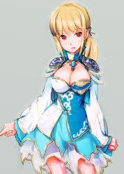 Rule 34 | 1girl, areola slip, blonde hair, blue gemstone, breasts, cleavage, epaulettes, female focus, fringe trim, gem, grey background, highres, jewelry, large breasts, long hair, looking at viewer, najimi shin, parted lips, pendant, ponytail, red eyes, shin sangoku musou, sidelocks, simple background, solo, standing, wang yuanji