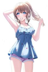 Rule 34 | 1girl, absurdres, bare shoulders, blue eyes, breasts, brown hair, character request, cleavage, highres, indie virtual youtuber, looking at viewer, medium breasts, mouth hold, sikimosh, simple background, smile, solo, standing