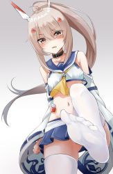 Rule 34 | 1girl, ayanami (azur lane), azur lane, bad id, bad pixiv id, bare shoulders, benedia, black choker, blue sailor collar, blue skirt, brown hair, choker, collarbone, cowboy shot, crop top, crop top overhang, fang, feet, floating hair, from below, frown, gluteal fold, gradient background, grey background, hair between eyes, hair ornament, headgear, high ponytail, highres, long hair, long sleeves, midriff, miniskirt, navel, no panties, no shoes, ponytail, red eyes, resolution mismatch, retrofit (azur lane), sailor collar, shaded face, shirt, skirt, soles, solo, source larger, standing, standing on one leg, thighhighs, very long hair, white shirt, white thighhighs, wide sleeves, yellow neckwear