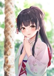 Rule 34 | 1girl, absurdres, black hair, blunt bangs, blurry, blurry background, blurry foreground, brown eyes, commentary request, floral print, furisode, hair ornament, highres, idolmaster, idolmaster shiny colors, japanese clothes, kimono, long hair, looking at viewer, mayuzumi fuyuko, mochiko (uyu omochi), nail polish, new year, obi, ponytail, praying, print kimono, red nails, sash, solo, upper body