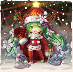 Rule 34 | 1girl, antlers, bell, chibi, christmas, detached sleeves, green eyes, green hair, hat, hatsune miku, horns, kayi, long hair, matching hair/eyes, open mouth, reindeer antlers, sack, santa costume, santa hat, sleeves past wrists, snow, solo, spring onion, star (symbol), thighhighs, twintails, very long hair, vocaloid
