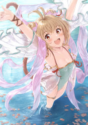 Rule 34 | 1girl, absurdres, akita hika, andira (granblue fantasy), animal ears, antenna hair, armpits, arms up, bare shoulders, blonde hair, blush, breasts, collarbone, covered navel, erune, granblue fantasy, green one-piece swimsuit, highleg, highleg swimsuit, highres, looking at viewer, monkey ears, monkey girl, monkey tail, one-piece swimsuit, open mouth, orange eyes, shawl, short hair, small breasts, smile, swimsuit, tail, thighlet, thighs, two side up, wading, water, wet