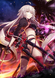 Rule 34 | 1girl, ahoge, ass, bikini, black bikini, black fire, black gloves, black jacket, blush, breasts, choker, cloud, commentary request, energy, fate/grand order, fate (series), fire, floating hair, full moon, gabiran, gloves, hair between eyes, holding, holding sword, holding weapon, jacket, jeanne d&#039;arc alter (swimsuit berserker) (fate), jeanne d&#039;arc (fate), jeanne d&#039;arc alter (fate), jeanne d&#039;arc alter (swimsuit berserker) (fate), katana, large breasts, long hair, looking at viewer, looking back, moon, multicolored sky, multiple swords, night, o-ring, o-ring bikini, orange sky, outdoors, palm tree, red thighhighs, sheath, sheathed, shrug (clothing), sidelocks, single thighhigh, sky, solo, star (sky), starry sky, sunset, swimsuit, sword, thighhighs, tree, very long hair, weapon, white hair, yellow eyes