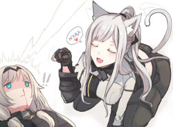 Rule 34 | !, !!, 2girls, ak-12 (girls&#039; frontline), an-94 (girls&#039; frontline), animal ears, aqua eyes, blood, cat ears, cat tail, closed eyes, closed mouth, girls&#039; frontline, gloves, hinagi (fox priest), jacket, long hair, multiple girls, nosebleed, open mouth, pants, silver hair, tail, tail wagging, white background
