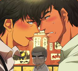 Rule 34 | 3boys, age difference, bara, black hair, blush, drooling, kiss, licking, male focus, multiple boys, naughty face, saliva, sweat, tagme, yaoi