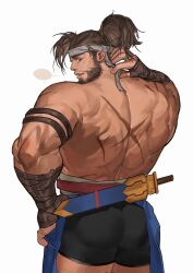 Rule 34 | 1boy, ass, back, back focus, bad id, bad weibo id, bandaged arm, bandages, bara, beard, black male underwear, boxers, brown hair, character request, copyright request, cross scar, facial hair, feet out of frame, from behind, headband, highres, kuroshima kurishiro (muyi24108414), looking at viewer, looking back, male focus, male underwear, mature male, medium hair, muscular, muscular male, no pants, pelvic curtain, ponytail, scar, scar on back, smile, solo, sword, sword behind back, thighs, topless male, underwear, weapon