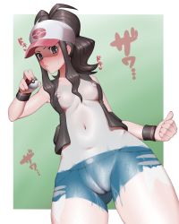 Rule 34 | 1girl, absurdres, baseball cap, black vest, blue eyes, blush, bodypaint, bottomless, breasts, brown hair, cleft of venus, clenched hand, cowboy shot, creatures (company), dutch angle, false clothes, fat mons, game freak, green background, hat, high ponytail, highres, hilda (pokemon), holding, holding poke ball, long hair, looking at viewer, medium breasts, naked vest, navel, nintendo, nipples, painted clothes, poke ball, poke ball (basic), pokemon, pokemon bw, pussy, sidelocks, simple background, solo, sweatdrop, vest, wristband, yesman