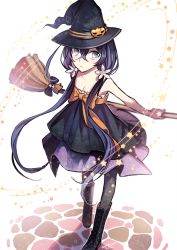 Rule 34 | 1girl, artist name, bad id, bad twitter id, blue hair, boots, broom, commentary request, ecru, halloween costume, hat, leggings, pantyhose, solo, witch, witch hat