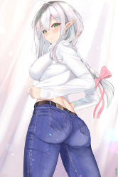 Rule 34 | 1girl, ass, belt, blush, bow, braid, breasts, closed mouth, covered erect nipples, denim, elf, green eyes, hair between eyes, hair bow, hair ornament, highres, jeans, large breasts, long hair, looking at viewer, looking back, muka tsuku, nail polish, original, panties through clothes, pants, pantylines, pointy ears, revision, silver hair, smile, solo, sweater