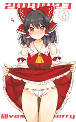 Rule 34 | 1girl, 2019, ascot, black hair, blush, bow, brown eyes, clothes lift, cowboy shot, detached sleeves, embarrassed, frilled bow, frilled skirt, frills, gluteal fold, hair between eyes, hair bow, hair tubes, hakurei reimu, highres, lifted by self, long hair, long sleeves, looking at viewer, medium skirt, miniskirt, ougi hina, panties, parted lips, red bow, red shirt, red skirt, ribbon-trimmed sleeves, ribbon trim, shirt, simple background, skirt, skirt lift, sleeveless, sleeveless shirt, solo, standing, thigh gap, touhou, twitter username, underwear, white background, white panties, white sleeves, yellow ascot