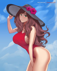 Rule 34 | 1girl, artist name, blush, breasts, brown hair, closed mouth, dakkalot, dorothea arnault, fire emblem, fire emblem: three houses, fire emblem heroes, flower, green eyes, hat, hat flower, large breasts, leaning forward, lips, long hair, looking at viewer, looking to the side, nintendo, nipples, one-piece swimsuit, red one-piece swimsuit, sky, smile, solo, sun hat, swimsuit, thighs