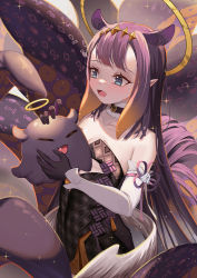 Rule 34 | 1girl, :d, bare shoulders, black dress, black gloves, black hair, blue eyes, blunt bangs, blush, capitan wei, cowboy shot, creature, dress, eyelashes, fang, flat chest, from side, fur choker, gloves, gradient hair, highres, holding, holding creature, hololive, hololive english, long hair, looking away, low wings, mole, mole under eye, multicolored hair, ninomae ina&#039;nis, ninomae ina&#039;nis (1st costume), open mouth, orange hair, pointy ears, purple hair, sidelocks, skin tight, smile, solo, strapless, strapless dress, takodachi (ninomae ina&#039;nis), tentacle hair, tentacles, tube dress, virtual youtuber, wings