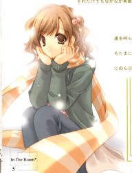 Rule 34 | 1girl, brown hair, curly hair, denim, hair bobbles, hair ornament, highres, jeans, looking at viewer, pants, scan, scarf, sitting, solo, striped clothes, striped scarf, sweater, thinking