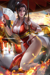 Rule 34 | 1girl, artist name, breasts, brown eyes, brown hair, fire, galakushi, hand fan, large breasts, shiranui mai, smile, the king of fighters, thighs, umbrella