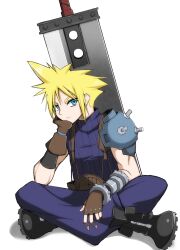 Rule 34 | 1boy, black footwear, blonde hair, blue eyes, blue pants, blue shirt, boots, brown gloves, buster sword, closed mouth, cloud strife, earrings, eyelashes, final fantasy, final fantasy vii, fingerless gloves, gloves, hand on own face, highres, indian style, jewelry, male focus, moyomoto frt, pants, shirt, simple background, single shoulder pad, sitting, solo, spiked hair, sword, weapon, weapon on back, white background