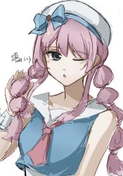 Rule 34 | 1girl, bang dream!, bang dream! it&#039;s mygo!!!!!, blue bow, blue shirt, bow, braid, chihaya anon, commentary, dated, grey eyes, hashtag-only commentary, hat, hat bow, long hair, looking at viewer, necktie, official alternate hairstyle, one eye closed, parted lips, pink hair, pink necktie, sailor collar, shirt, signature, simple background, sleeveless, sleeveless shirt, solo, tok8505 (erica), twin braids, upper body, white background, white hat, white sailor collar, wrist cuffs