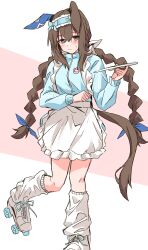 Rule 34 | 1girl, absurdres, admire vega (umamusume), animal ears, apron, blue jacket, blue skirt, blush, braid, breasts, brown hair, closed mouth, ears down, frilled hairband, frills, full body, hair between eyes, hairband, hand up, highres, hitode (ziburi), holding, holding tray, horse ears, horse girl, horse tail, jacket, jersey maid, long hair, long sleeves, looking at viewer, loose socks, maid, maid apron, name tag, pink eyes, roller skates, skates, skirt, small breasts, socks, solo, standing, standing on one leg, sweatdrop, tail, tray, twin braids, umamusume, unconventional maid, white socks