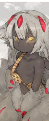 Rule 34 | 1girl, absurdres, black skin, breasts, claws, closed mouth, colored skin, dark-skinned female, dark skin, extra arms, faputa, fur, grey background, hair between eyes, highres, hiranko, made in abyss, navel, nipples, nude, simple background, small breasts, solo, white fur, white hair, yellow eyes