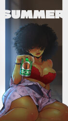 Rule 34 | 1girl, afro, bare shoulders, beer can, big hair, black hair, black sash, blurry, blurry background, bra, breasts, brown lips, can, cleavage, colored skin, commentary, drink can, drunk, english commentary, female goblin, fewer digits, fingernails, floral print, goblin, green skin, hair over one eye, highres, holding, holding can, indoors, japanese clothes, kimono, large breasts, looking at viewer, nose, obi, off shoulder, open clothes, open kimono, orcbarbies, original, pink kimono, print kimono, red bra, sash, sitting, solo, strapless, strapless bra, summer, underwear, wrist straps, yokozuwari