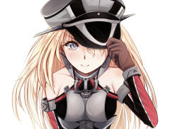 Rule 34 | 10s, 1girl, bare shoulders, bismarck (kancolle), blonde hair, blue eyes, brown gloves, detached sleeves, gloves, hat, hat over one eye, hat tip, kantai collection, leaning forward, long hair, looking at viewer, military, military hat, military uniform, peaked cap, qunqing, simple background, smile, solo, uniform, upper body, white background