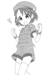 Rule 34 | 1girl, braid, child, clenched hands, commentary request, dot nose, epaulettes, flat chest, greyscale, hands up, hat, heart, idolmaster, idolmaster cinderella girls, legs, looking down, monochrome, open mouth, sasaki chie, shirt, short hair, short sleeves, shorts, solo, takami ryou, thighhighs, thighs, white background, wristband