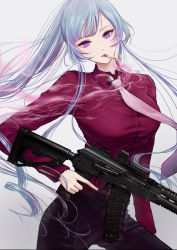 Rule 34 | 1girl, ak-12, ak-12 (girls&#039; frontline), alternate costume, assault rifle, bad id, bad pixiv id, breasts, filha, girls&#039; frontline, grey hair, gun, highres, holding, holding gun, holding weapon, kalashnikov rifle, long hair, long sleeves, looking at viewer, medium breasts, mouth hold, pink neckwear, ponytail, purple eyes, rifle, solo, weapon