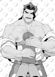 Rule 34 | 2boys, age difference, arm hair, bara, bulge, chest hair, creatures (company), erection, erection under clothes, face to pecs, facial hair, florian (pokemon), game freak, grin, heart, heart background, hug, kijima hyogo, large pectorals, male focus, mature male, multiple boys, muscular, muscular male, mustache, nintendo, onii-shota, pectorals, pokemon, pokemon sv, ponytail, saguaro (pokemon), smile, thick arms, yaoi