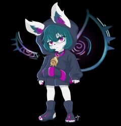 Rule 34 | 1girl, animal ear fluff, animal ears, artist name, black background, black hoodie, black shorts, clenched hands, ears through headwear, frown, full body, green hair, hair between eyes, highres, hood, hood up, hoodie, jewelry, league of legends, looking at viewer, nail polish, necklace, nejyu, pink eyes, pink nails, short hair, shorts, standing, toeless footwear, vex (league of legends), vex shadow (league of legends), yordle