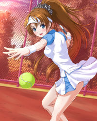 Rule 34 | 1girl, :d, bad id, bad pixiv id, ball, blue eyes, breasts, brown hair, chain-link fence, chaki-yam, fence, foreshortening, looking at viewer, open mouth, original, outdoors, panties, racket, shirt, skirt, smile, solo, sportswear, sweatband, tennis ball, tennis racket, tennis uniform, underwear, visor cap, white panties, white shirt, white skirt