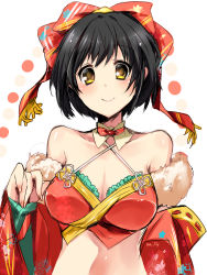 Rule 34 | 10s, 1girl, artist name, bad id, bad pixiv id, bare shoulders, bikini, bikini top only, black hair, blush, bow, breasts, choker, cleavage, detached sleeves, floral print, hair bow, highres, idolmaster, idolmaster cinderella girls, japanese clothes, looking at viewer, paopao, shiny skin, short hair, simple background, sketch, solo, strap gap, swimsuit, takafuji kako, white background, yellow eyes