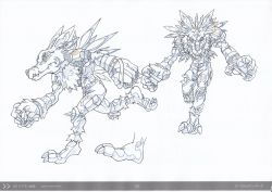 Rule 34 | 1boy, character sheet, claws, digimon, digimon (creature), digimon adventure tri., earrings, fangs, highres, horns, jewelry, monochrome, monster, multiple views, muscular, no humans, official art, running, serious, simple background, solo, weregarurumon, white background