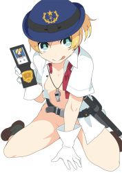 Rule 34 | 10s, 1girl, :p, badge, belt, blonde hair, bow, bowtie, breasts, brown footwear, buttons, female service cap, gloves, hat, kantai collection, kneeling, maikaze (kancolle), mzh, naked shirt, police hat, shirt, shoes, short hair, small breasts, socks, solo, tongue, tongue out, baton (weapon), whistle, white gloves