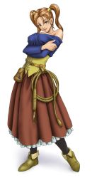 Rule 34 | 1girl, breast lift, breasts, brown eyes, brown hair, cleavage, dragon quest, dragon quest viii, dress, earrings, irotsuya, jessica albert, jewelry, large breasts, long hair, looking at viewer, purple shirt, shirt, smile, solo, square enix, twintails