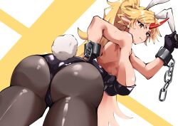 Rule 34 | 1girl, absurdres, animal ears, ass, black gloves, black leotard, blonde hair, blush, breasts, chain, commentary request, cuffs, fake animal ears, fake tail, from behind, fugaku (miko no miyatsuguchi), gloves, highres, horns, hoshiguma yuugi, large breasts, leotard, long hair, oni, pantyhose, playboy bunny, ponytail, rabbit ears, rabbit tail, red horns, shackles, sideboob, single horn, solo, star (symbol), strapless, strapless leotard, sweatdrop, tail, touhou, two-tone background