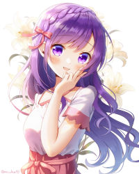 Rule 34 | 1girl, :d, alternate costume, alternate hairstyle, artist name, blush, braid, commentary, floral background, flower, french braid, gochuumon wa usagi desu ka?, hair ribbon, hand on own face, head tilt, highres, lily (flower), long hair, looking at viewer, mozukun43, open mouth, pink skirt, purple eyes, purple hair, red ribbon, ribbon, shirt, short sleeves, skirt, smile, solo, tedeza rize, twitter username, upper body, white background, white shirt