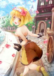 Rule 34 | 1girl, :d, back, bare shoulders, black gloves, blonde hair, blush, bob cut, breasts, clothing cutout, endro!, fai fai, fingerless gloves, flower, from behind, full body, gloves, hachimaki, hair flower, hair ornament, hairband, headband, highres, looking at viewer, looking back, medium breasts, open mouth, running, sash, short hair, shorts, side cutout, smile, solo, spiked gloves, strapless, tokoshibyra, yellow eyes