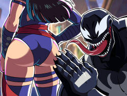 1boy 1girl ass blue_leotard bodysuit halter_leotard halterneck highleg highleg_leotard highres leotard long_tongue looking_at_viewer marvel marvel_rivals monster_boy muscular muscular_male open_mouth psylocke psylocke_(vengeance) red_sash sash sharp_teeth smile spider-man_(series) superhero_costume symbiote teeth tina_fate tongue tongue_out venom_(marvel) waist_sash x-men