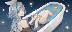Rule 34 | 1girl, amai ( amaicandy), bathtub, black dress, commentary, detached sleeves, dress, earrings, english commentary, eyebrows hidden by hair, hair behind ear, hair ribbon, highres, indie virtual youtuber, jewelry, long hair, looking at viewer, looking back, mantou rei, open hands, parted lips, ribbon, rubber duck, second-party source, silver choker, silver ribbon, solo, star (symbol), virtual youtuber