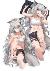Rule 34 | 1girl, absurdres, animal ears, arknights, arm up, armpits, bare arms, bare legs, bare shoulders, barefoot, black shorts, breasts, chinese commentary, collarbone, commentary request, crop top, cropped legs, grey eyes, hair between eyes, hair ornament, hairclip, hand up, head tilt, highres, knee up, lappland (arknights), large breasts, long hair, looking at viewer, material growth, midriff, multiple views, navel, open mouth, oripathy lesion (arknights), parted lips, pillow, pillow grab, scar, scar across eye, scar on face, shizuoxing kof, short shorts, shorts, silver hair, simple background, smile, stomach, tank top, very long hair, white background, white tank top, wolf ears