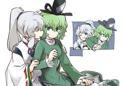 Rule 34 | 2girls, black headwear, blue headwear, blush, bright pupils, closed eyes, closed mouth, commentary request, cross-laced clothes, crossed arms, dress, ghost tail, green dress, green eyes, green hair, grey eyes, grey hair, grin, hair between eyes, hat, hat ribbon, highres, japanese clothes, kariginu, long hair, long sleeves, looking at viewer, mc pyth, mononobe no futo, multiple girls, no headwear, ofuda, ofuda on clothes, one eye closed, pom pom (clothes), ponytail, ribbon, ribbon-trimmed sleeves, ribbon trim, short hair, smile, soga no tojiko, sweatdrop, tate eboshi, touhou, turtleneck, white pupils, wide sleeves, yuri